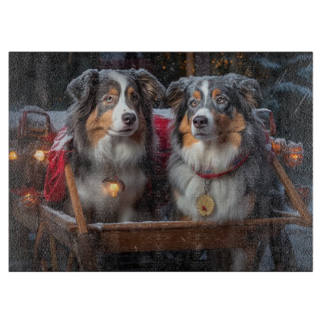 Australian Shepherd Snowy Sleigh Weihnachtsdekor Schneidebrett (Vorderseite)