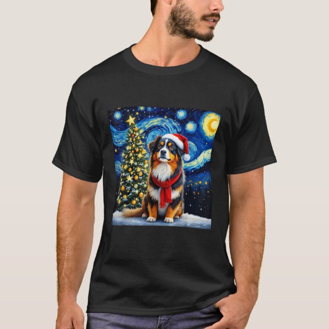 Australian Shepherd Starry Night Christmas Van Gog T-Shirt (Vorderseite)