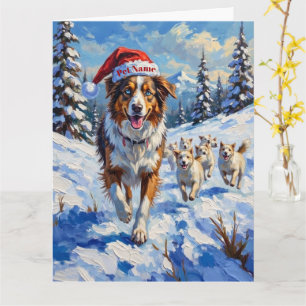 Australian Shepherd treibt Schneebälle mit Santa Karte