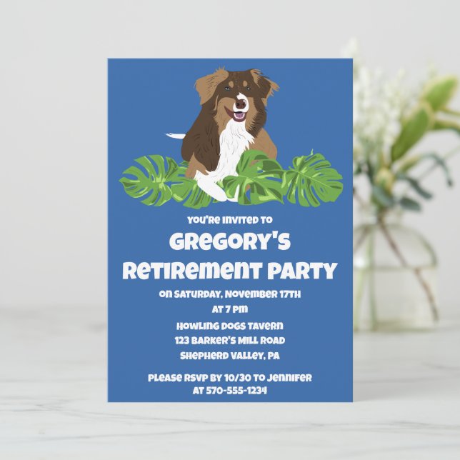 Australian Shepherd Tropical Leaves Party Einladung (Stehend Vorderseite)