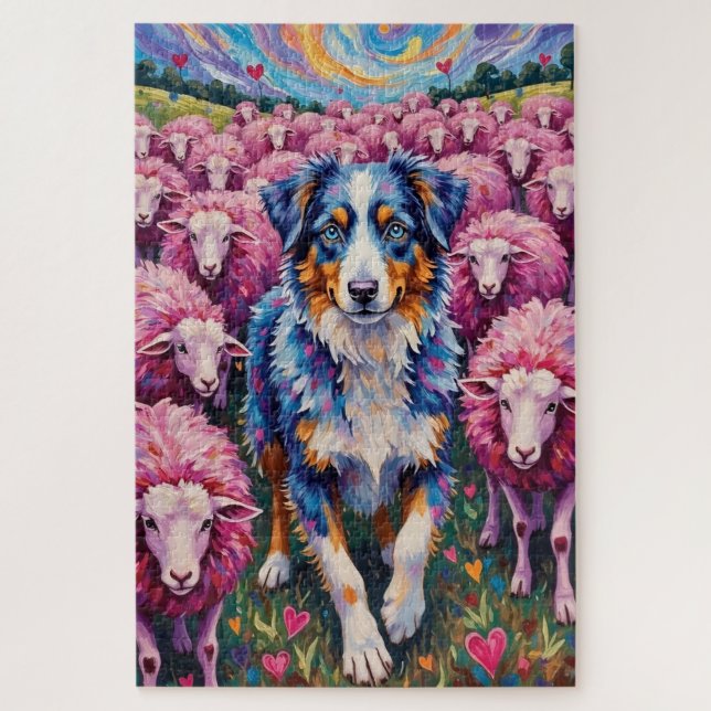 Australian Shepherd Valentine's Day Herding Hearts Puzzle (Vertikal)