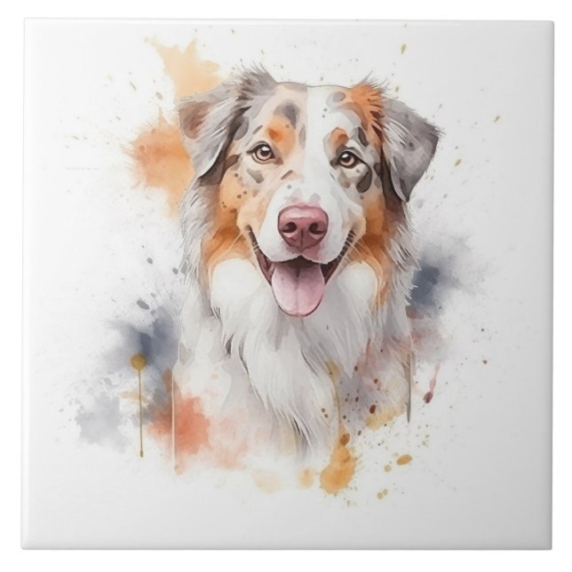 Australian Shepherd Watercolor Dog Fliese (Vorderseite)