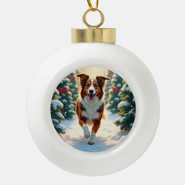 Australian Shepherd Weihnachtsbaumfarm-Gemälde Keramik Kugel-Ornament (Vorderseite)