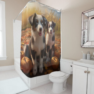 Australian Shepherd Welpe Herbstfreude Kürbis Duschvorhang