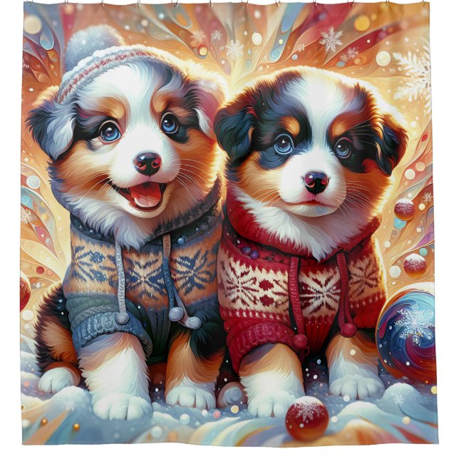 "Australian Shepherd Welppies’ First Snowfall" Duschvorhang (Vorderseite)