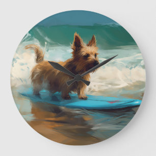Australian Terrier Beach Surfing Painting Große Wanduhr