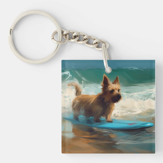 Australian Terrier Beach Surfing Painting Schlüsselanhänger (Vorderseite)