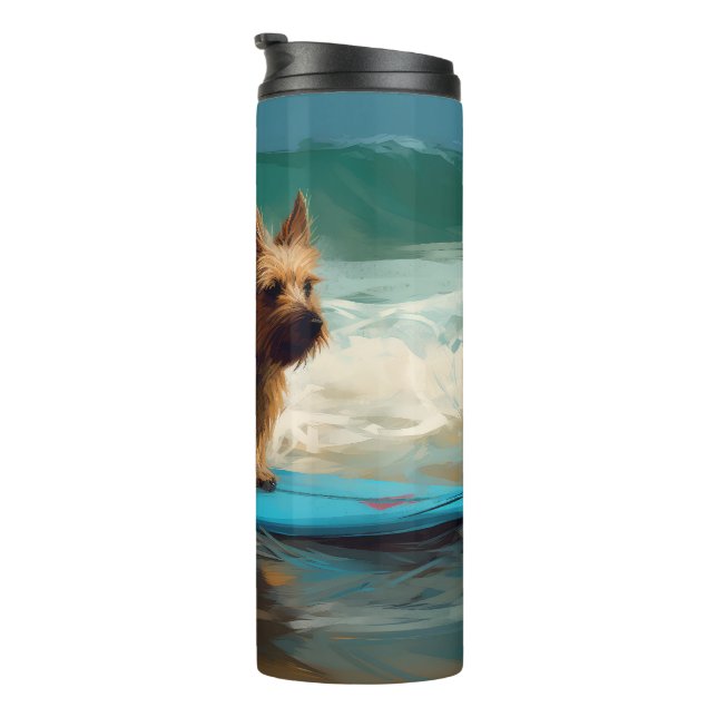 Australian Terrier Beach Surfing Painting Thermosbecher (Nach rechts gedreht)