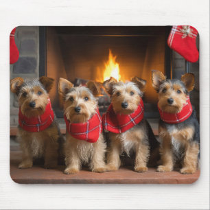 Australian Terrier by Fireplace Christmas Mousepad