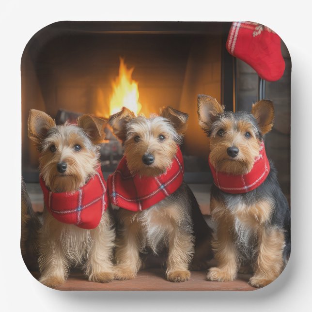 Australian Terrier by Fireplace Christmas Pappteller (Vorderseite)
