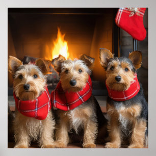 Australian Terrier by Fireplace Christmas Poster