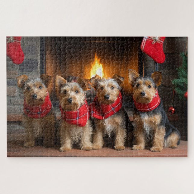 Australian Terrier by Fireplace Christmas Puzzle (Horizontal)