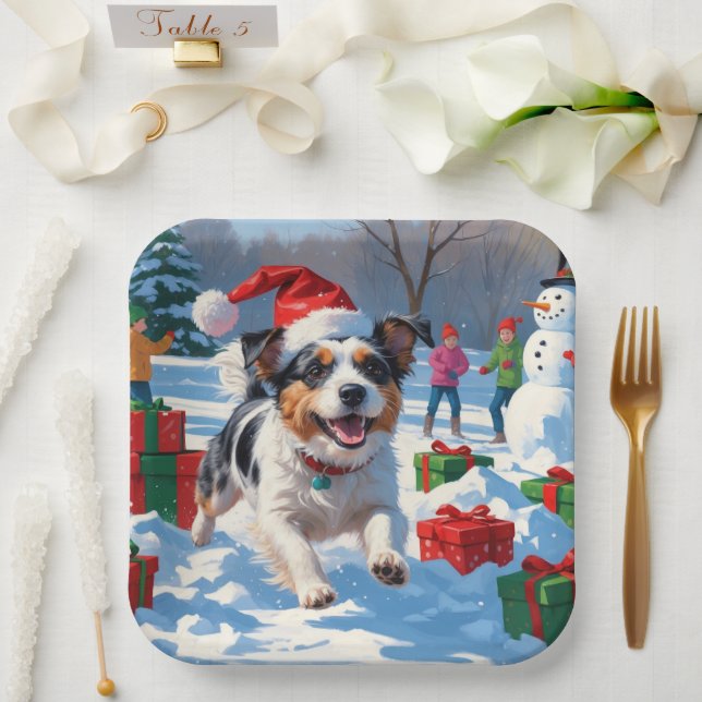 Australian Terrier Christmas Festive Snow Scene Pappteller (Hochzeit)