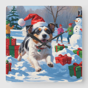 Australian Terrier Christmas Festive Snow Scene Quadratische Wanduhr