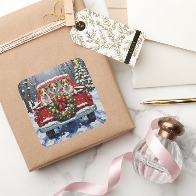 Australian Terrier Christmas Red Truck Holiday Quadratischer Aufkleber (Schenken)