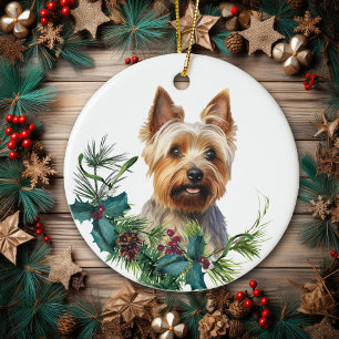 Australian Terrier Dog Portrait Holly Wreath Keramik Ornament