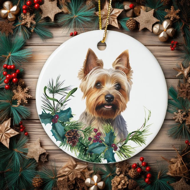 Australian Terrier Dog Portrait Holly Wreath Keramik Ornament (Von Creator hochgeladen)