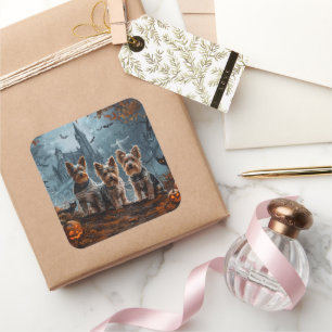 Australian Terrier Halloween Night Doggy Delight Quadratischer Aufkleber