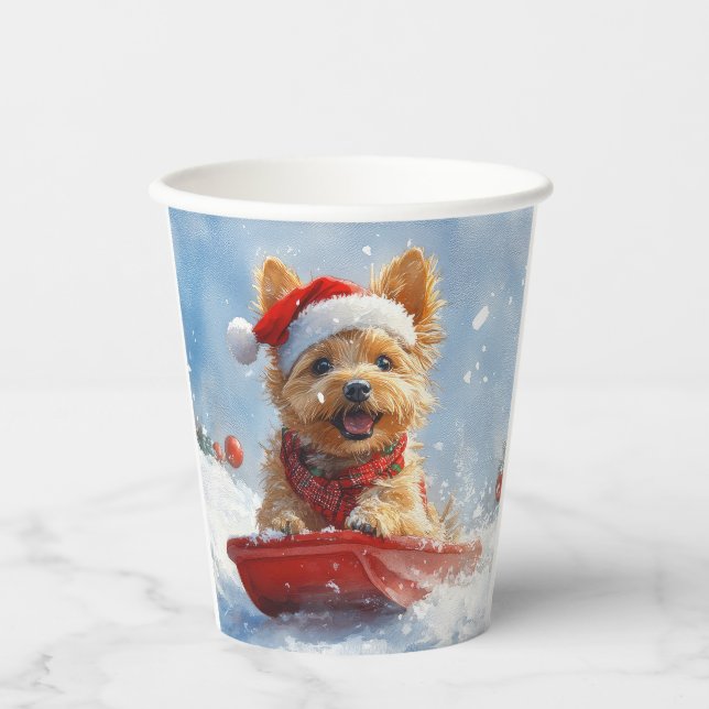 Australian Terrier in Sledge Let it Snow Christmas Pappbecher (Vorderseite)