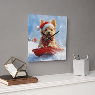Australian Terrier in Sledge Let it Snow Christmas Quadratische Wanduhr