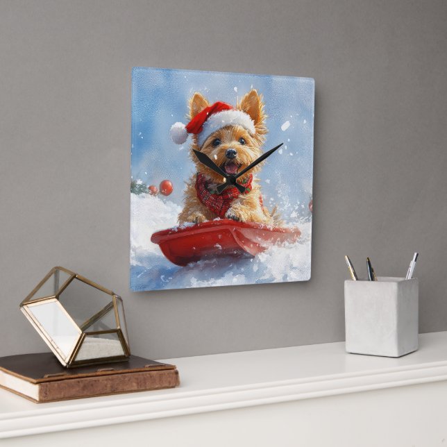 Australian Terrier in Sledge Let it Snow Christmas Quadratische Wanduhr (Büro)
