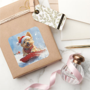 Australian Terrier in Sledge Let it Snow Christmas Quadratischer Aufkleber