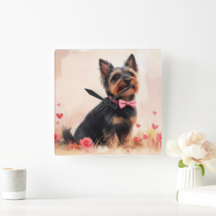 Australian Terrier mit Rosen - Valentinstag Quadratische Wanduhr