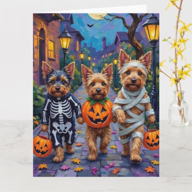 Australian Terrier Trick-or-Treating zu Halloween Karte (Gelbe Blume)
