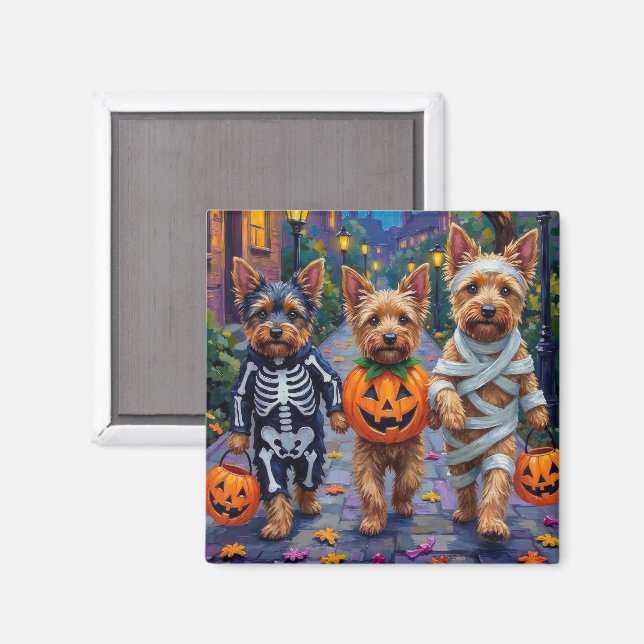 Australian Terrier Trick-or-Treating zu Halloween Magnet (Vorderseite/Rückseite)