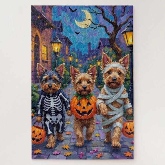 Australian Terrier Trick-or-Treating zu Halloween Puzzle (Vertikal)