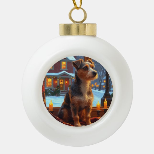 Australian Terrier With Christmas Lights Holiday Keramik Kugel-Ornament (Vorderseite)