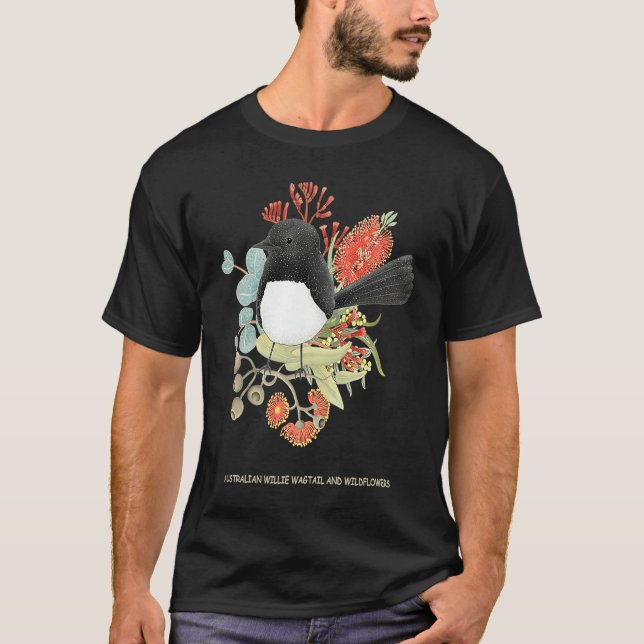 Australian Willie Wagtail and Wildflowers T-Shirt (Vorderseite)