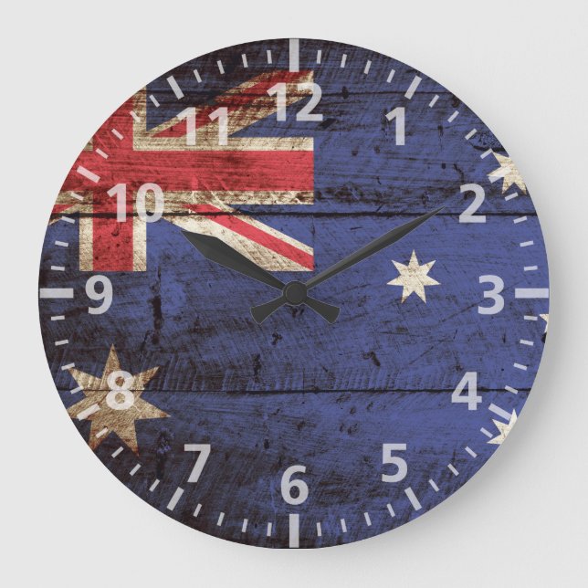 Australien-Flagge auf altem hölzernem Korn Große Wanduhr (Vorderseite)