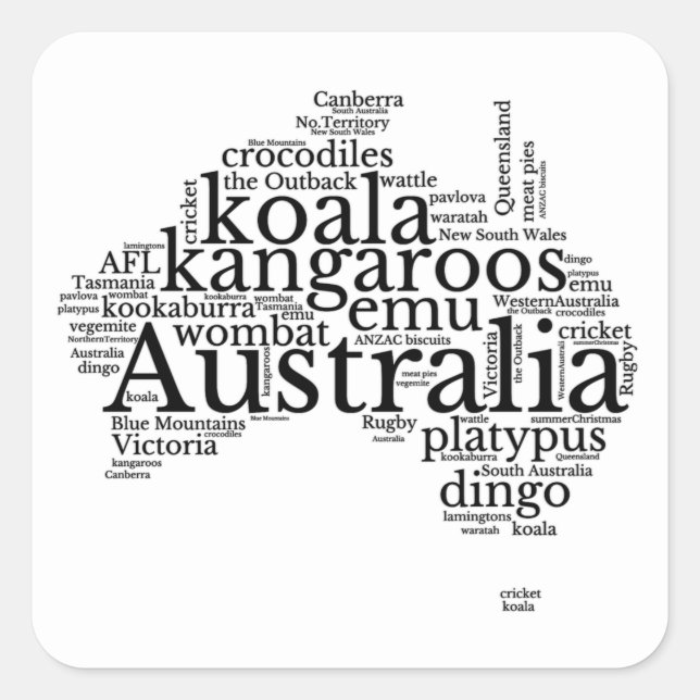 Australien Karte Word Art Toag Quadratischer Aufkleber (Vorderseite)