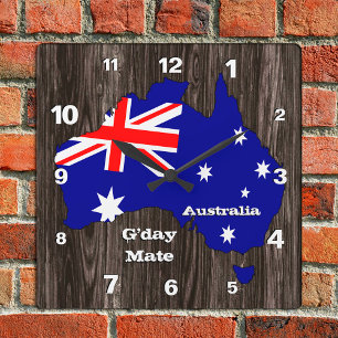 Australien Uhr, G-Day Mate, Holz, australische Fla Quadratische Wanduhr