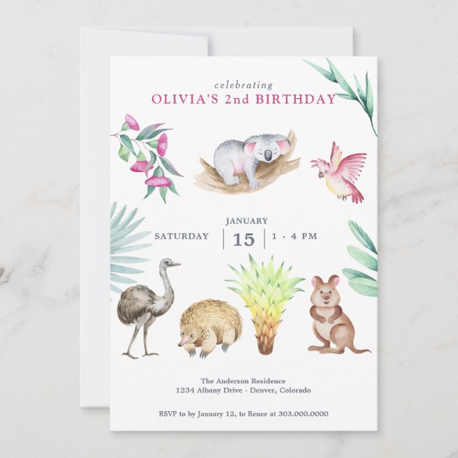Australien Zoo Animal Birthday Einladung (Vorderseite)
