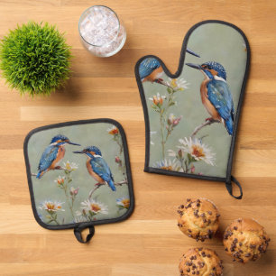 Australische Eisvögel Vögel Und Blumen Ölmalerei, Ofenhandschuh & Topflappen-Set