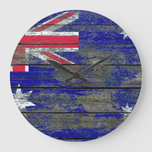 Australische Flagge auf rauem Holz verschalt Große Wanduhr