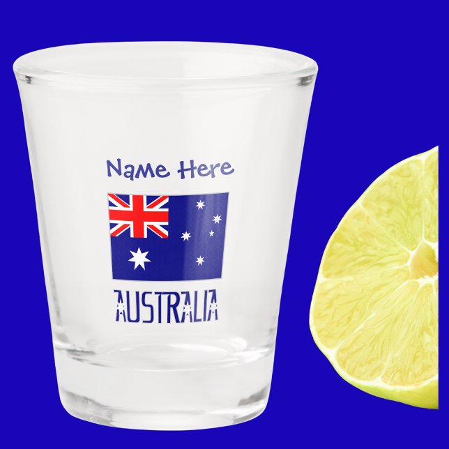 Australische Flagge Blaue Personalisierung Schnapsglas (Australian Flag on shot glass with words AUSTRALIA below in flag colors. Above, add name in blue.)