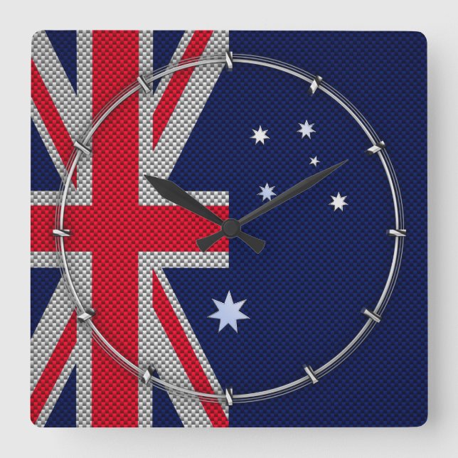 Australische Flagge Design Carbon Fibre Chrome Sty Quadratische Wanduhr (Vorderseite)