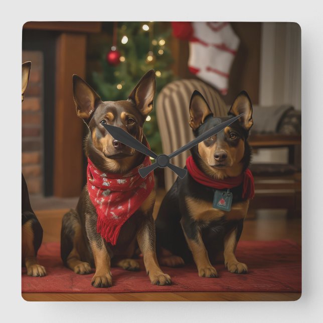Australische Kelpie am Feuerplatz Weihnachten Quadratische Wanduhr (Vorderseite)