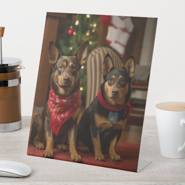 Australische Kelpie am Feuerplatz Weihnachten Sockelschild (In Situ)