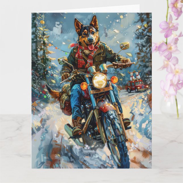 Australische Kelpie Dog Riding Motorrad Weihnachte Karte (Orchidee)