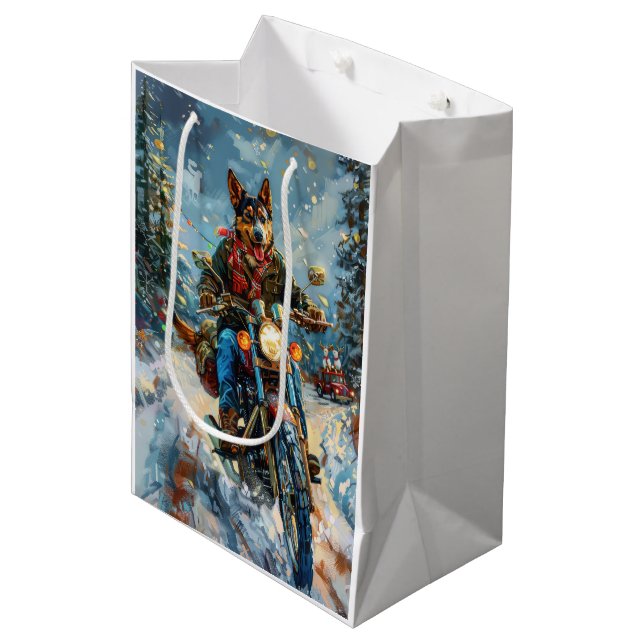 Australische Kelpie Dog Riding Motorrad Weihnachte Mittlere Geschenktüte (Vorderseite Schrägansicht)