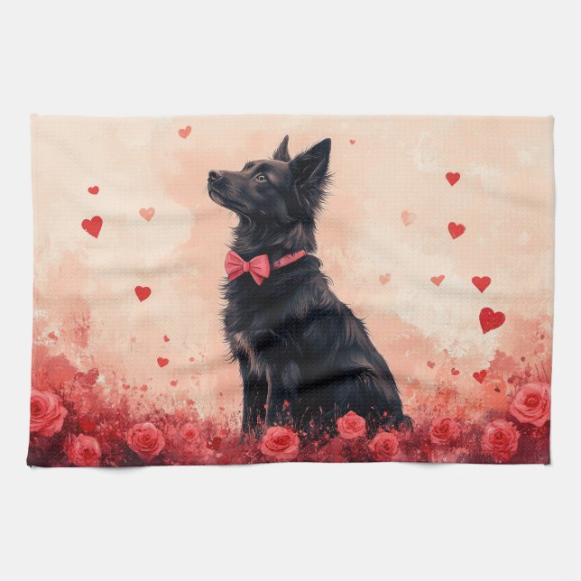 Australische Kelpie mit Rose - Valentinstag Geschirrtuch (Horizontal)