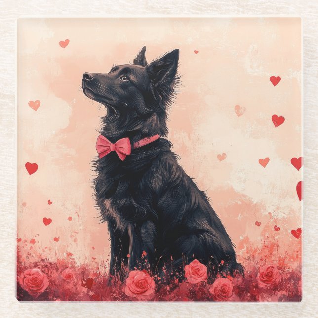 Australische Kelpie mit Rose - Valentinstag Glasuntersetzer (Vorderseite)