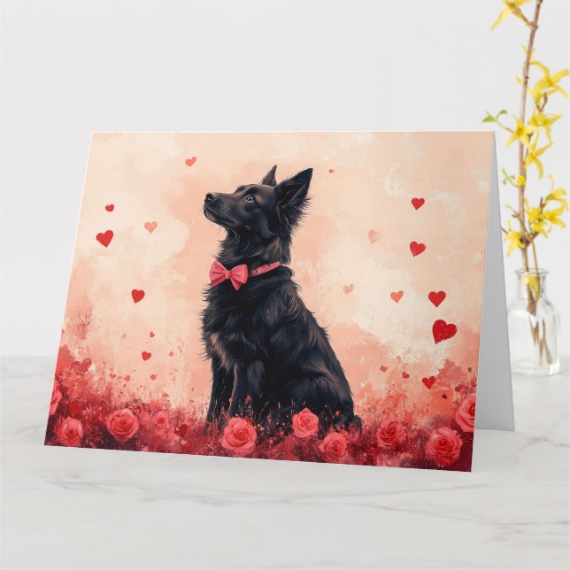 Australische Kelpie mit Rose - Valentinstag Karte (Gelbe Blume)
