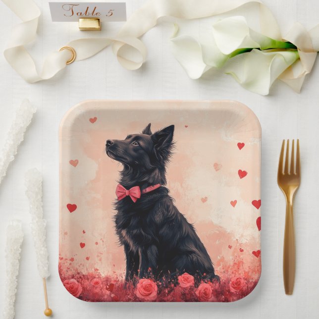 Australische Kelpie mit Rose - Valentinstag Pappteller (Hochzeit)
