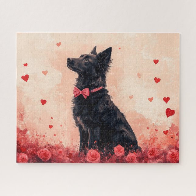 Australische Kelpie mit Rose - Valentinstag Puzzle (Horizontal)