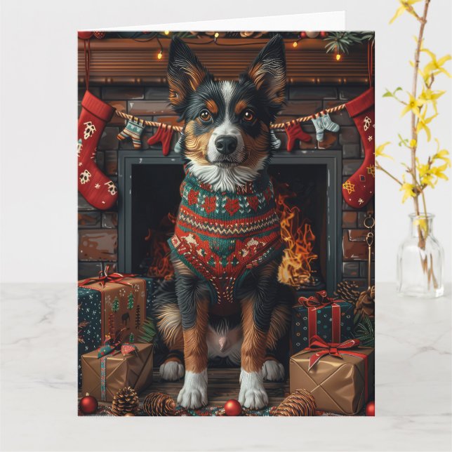Australische Kelpie mit Weihnachtsgeschenken Feuer Karte (Gelbe Blume)